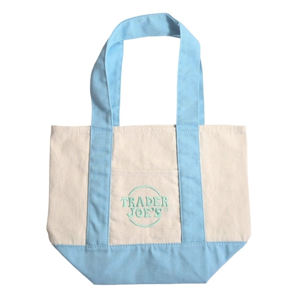 NWT Trader Joes Mini Pastel Canvas Tote Bag single Blue SHIPS ASAP